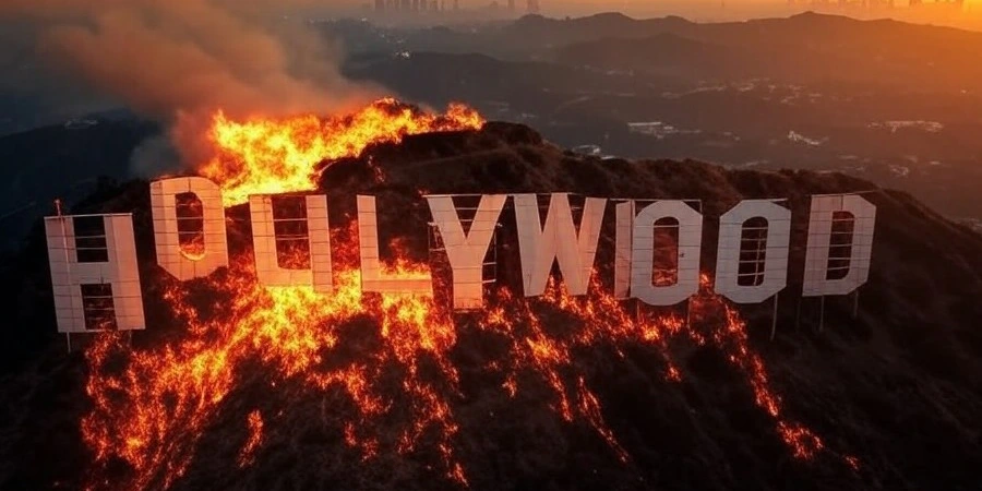 Hollywood sign on fire