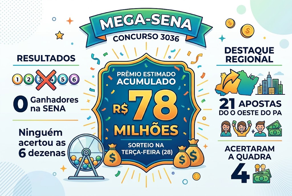 Mega-Sena 3036: Prêmio Acumula e Sorteio de Terça-Feira (28) Pode Pagar R$ 78 Milhões