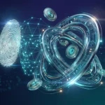 Glowing holographic fingerprint and facial recognition mesh intersecting with zero-knowledge cryptographic rings
