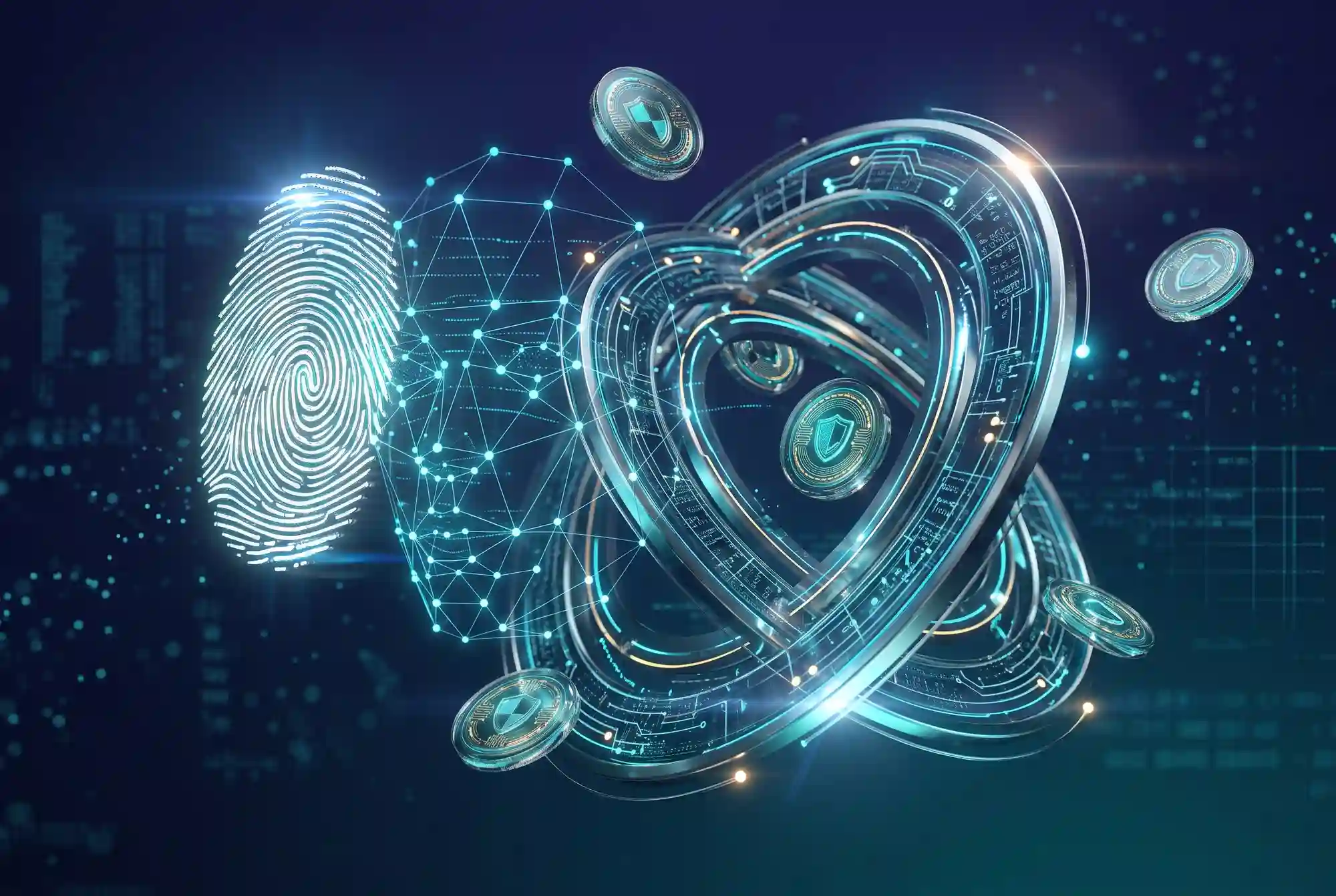 Glowing holographic fingerprint and facial recognition mesh intersecting with zero-knowledge cryptographic rings