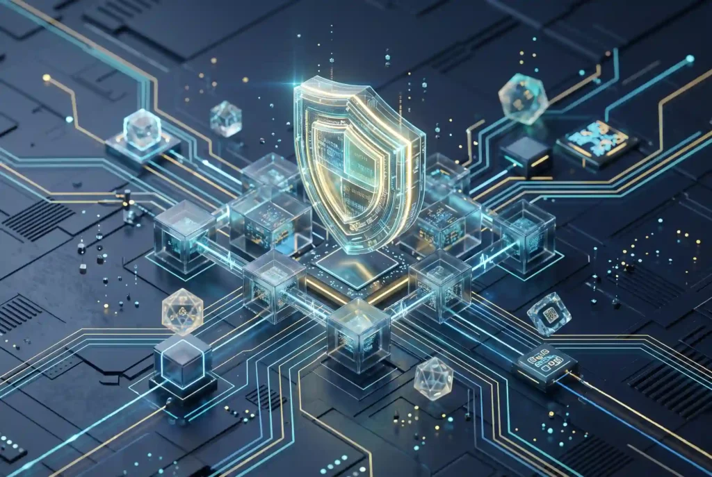 Cryptographic shield and blockchain nodes illustrating provably fair algorithms and smart contract RNG verification