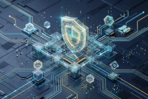 Cryptographic shield and blockchain nodes illustrating provably fair algorithms and smart contract RNG verification